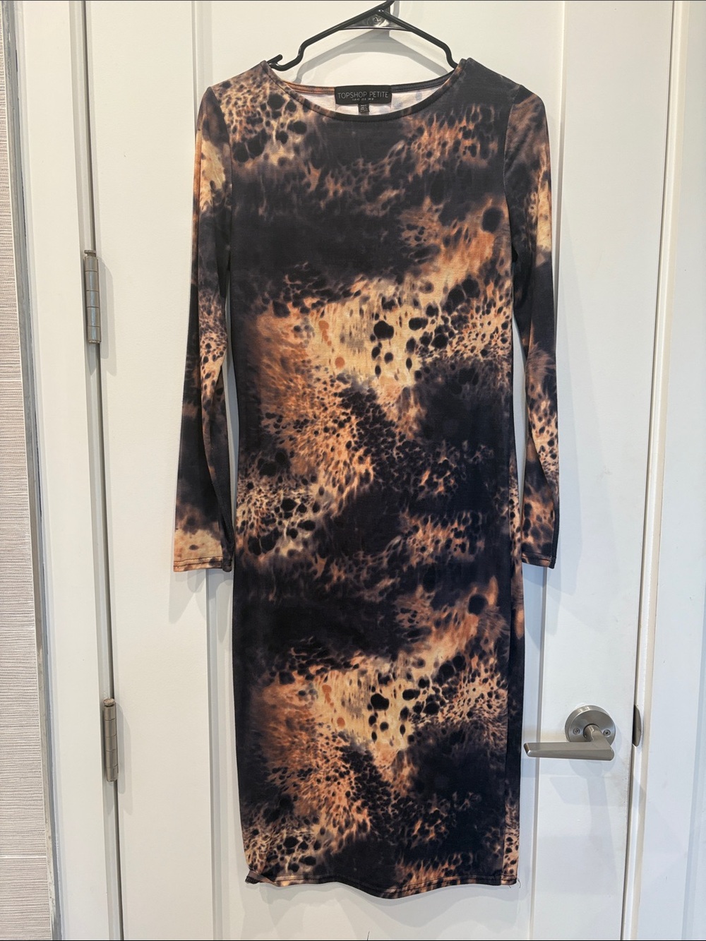 Topshop PETITE Long Sleeve Animal-Print Bodycon Dress in Brown and Black